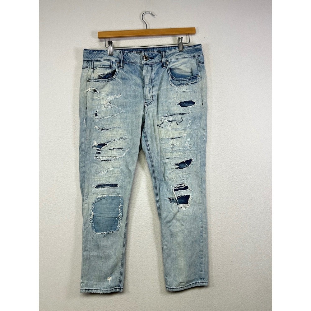 Grunge American Eagle Womens 6 Short Blue Distressed Ripped Patchwork Jeans